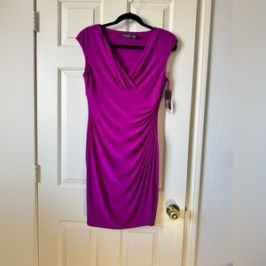 NWT Lauren Ralph Lauren Magenta Faux-Wrap Midi Dress